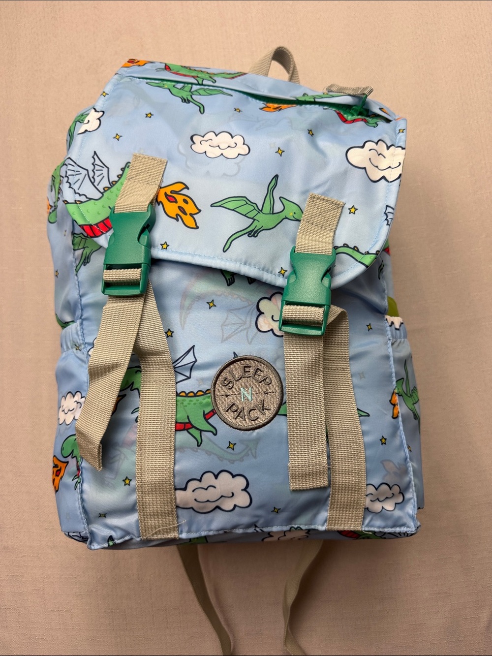 Mimish Sleep-N-Pack Packable Sleeping Bag & Backpack in Blue Dragon Print.